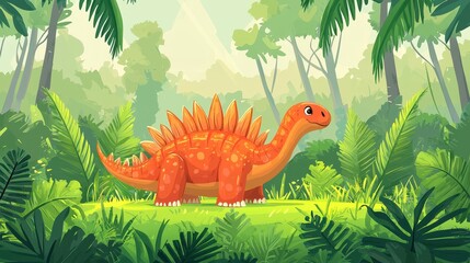Cartoon Stegosaurus in Lush Jungle