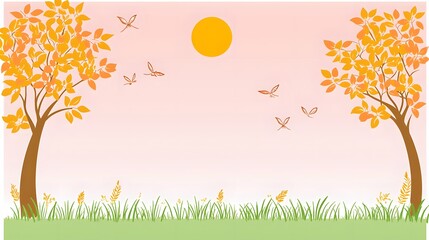 Serene Autumn Landscape with Colorful Trees and Sun Against a Pink Gradient Sky