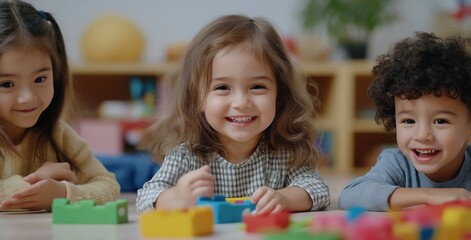 Children playing with colorful building blocks classroom photography indoor eye-level creativity and learning