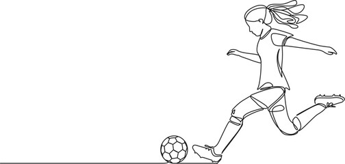 continuous single line drawing of girl playing soccer, line art vector illustration © Christian Horz