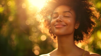 Fototapeta premium Smiling woman enjoying sunshine in a vibrant outdoor setting filled with greenery during a joyful moment