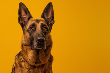 Fototapeta premium Belgian Malinois dog on minimalistic colorful background with Copy Space. Perfect for banners, veterinary ads, pet food promotions, and minimalist designs.