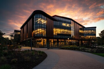 Modern architectural design shines under sunset at a peaceful location
