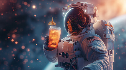This astronaut enjoys a beverage while floating in space, showcasing leisure in suborbital travel.