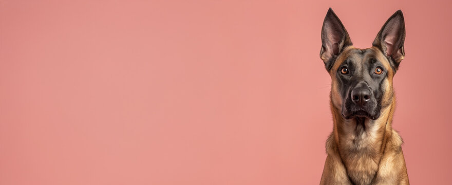 Belgian Malinois dog on minimalistic colorful background with Copy Space. Perfect for banners, veterinary ads, pet food promotions, and minimalist designs.
