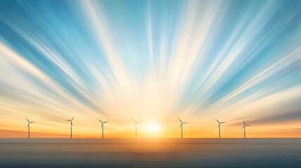 Breathtaking Sunset over Windmills on a Calm Horizon with Dramatic Colorful Sky