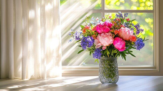 Bright Spring Bouquet of Colorful Flowers by Sunny Window