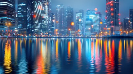 City lights reflect on water at night