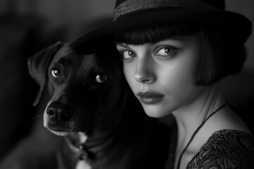 a realistic picture of faithful friends, a cute dog and a girl