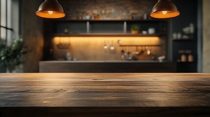 A smooth-textured wooden table, softly blurred modern kitchen in the background with neutral earth tones, pendant lights, and a clutter-free aesthetic, ideal for showcasing food or products.