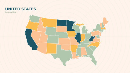 Map of United States isolated modern colorful State. Use for Website Layouts, Background, Education, Customizable, Travel Worldwide, Silhouette Backdrop, Earth Geography, Political.