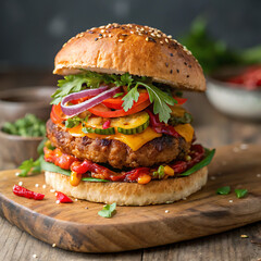 Beef burger with cheese, tomatoes, cucumber and lettuce on black slate.