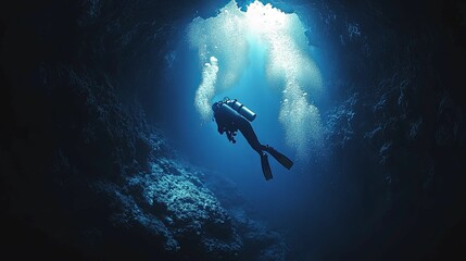 Scuba Diver Ascending Through Underwater Cave