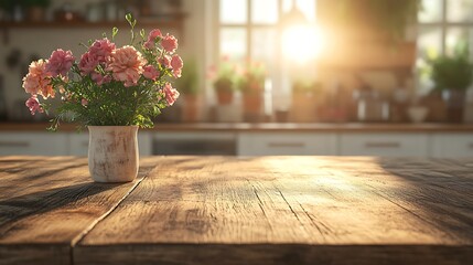 Fototapeta premium A weathered oak table illuminated by the first rays of sunlight, softly blurred background kitchen with warm neutral tones, fresh flowers in a ceramic vase, and soft morning shadows,