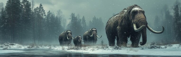 Mammoth Family Walking in Snowy Landscape with Winter Wilderness