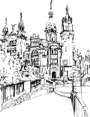 Obraz premium architecture, building, drawing, sketch, church, vector, city, illustration, old, travel, castle, art, paris, europe, town, vintage, house, cathedral, tower, design, draw, landmark, ancient, london, d