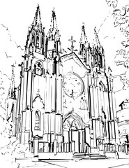 architecture, building, drawing, sketch, church, vector, city, illustration, old, travel, castle, art, paris, europe, town, vintage, house, cathedral, tower, design, draw, landmark, ancient, london, d