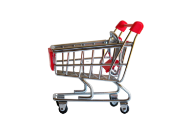 Empty shopping cart with bright red handles isolated on white background for retail and shopping concepts