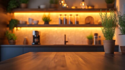 A contemporary dark wood table in a softly lit, blurred modern kitchen featuring open shelving, a quartz backsplash, and soft recessed lighting, a stylish and inviting setting. --ar 16:9