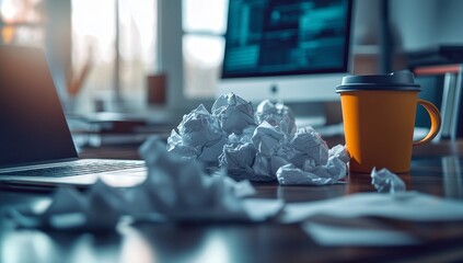 Crumpled Papers, Coffee, Home Office