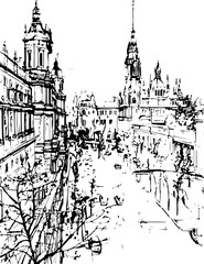 Obraz premium architecture, building, drawing, sketch, church, vector, city, illustration, old, travel, castle, art, paris, europe, town, vintage, house, cathedral, tower, design, draw, landmark, ancient, london, d