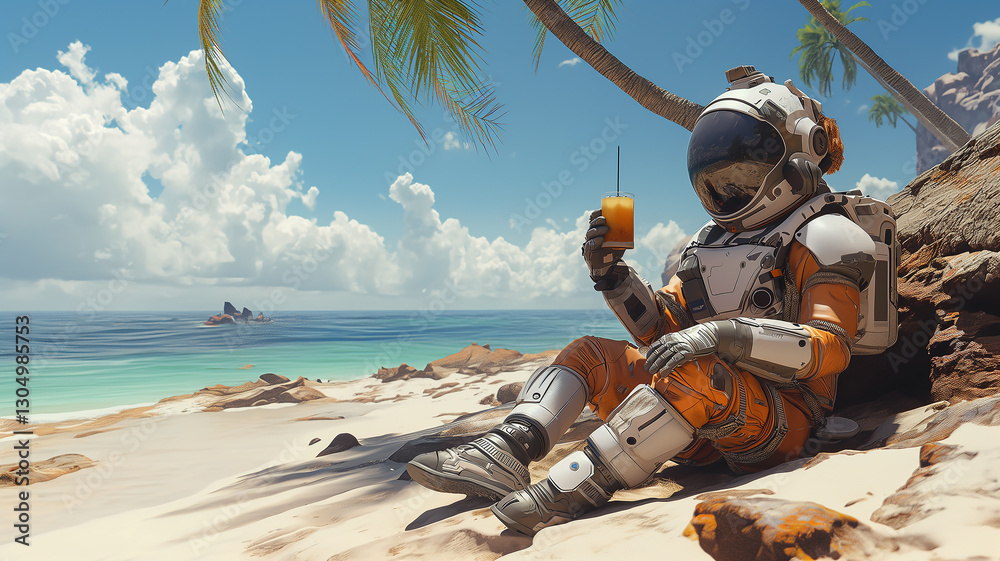 Poster this astronaut enjoys a refreshing beverage under palm trees on a sunny beach.