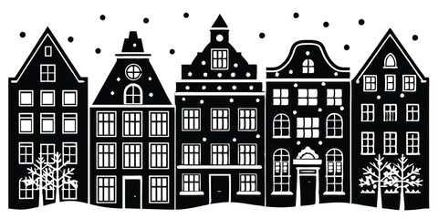 Fototapeta premium Houses facades in a row Amsterdam hand drawn illustration