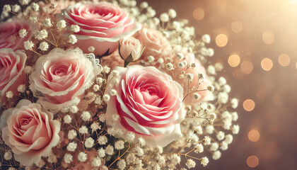 Fototapeta premium A bouquet featuring delicate pink roses surrounded by small white baby's breath flowers