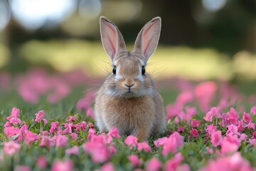 Adorable Rabbit Amid Vibrant Pink Floral Landscape
