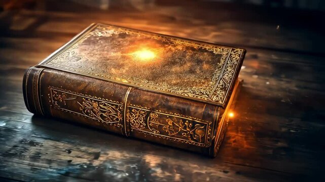 An ancient magical book with light glows from within its pages, Bewitched book with magic glows In the darkness	