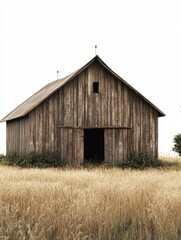 Obraz premium Rustic Weathered Wooden Barn in Dry Grass Field