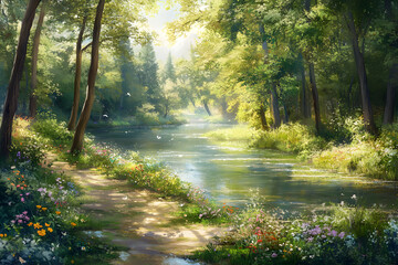 Obraz premium Idyllic Riverside Escape: A Symphony of Nature in a Lush, Verdant Forest with Sunlit Canopy and Chirping Birds