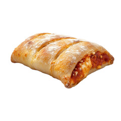 Savory Calzone Delight: A perfectly baked calzone, its golden crust subtly dusted with flour, revealing a tempting filling of cheese and tomato sauce, embodying culinary art.