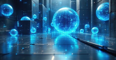Cyber sci fi inspired digital composition floating electric blue spheres structured steel gray cubes glowing futuristic ambient space