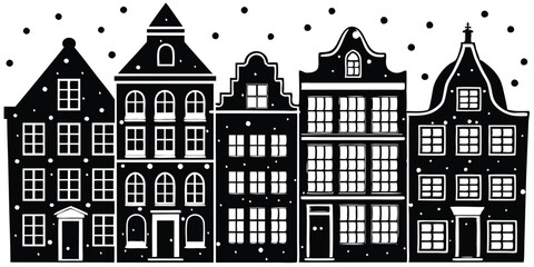 Fototapeta premium Silhouette of a row Amsterdam style houses Facades of European old buildings with reflection