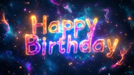 A galaxy-inspired "Happy Birthday" design with bold, glowing letters, radiant constellations and swirling nebulas in vibrant hues of purple, blue, and gold, a serene yet dynamic space background,