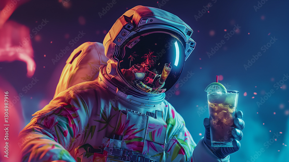 Poster this astronaut enjoys a cocktail in vibrant outer space, showcasing leisure in zero gravity.