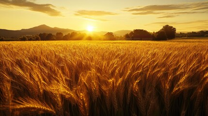 Obraz premium Golden wheat field bathed in warm sunset light with distant mountains and serene farmhouses enhancing the idyllic countryside view