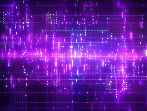 Quantum computing visualization with floating binary codes in neon purple, cyberpunk-style grid matrix background