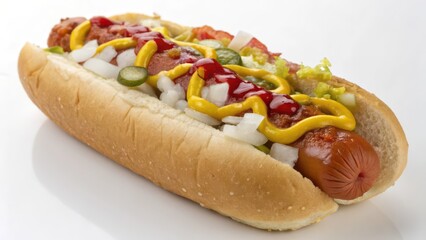 Hot Dog with Toppings on White Background