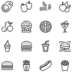 Food and drink set of web icons in line style. Restaurant linear icon collection. Containing meat, fruits, vegetables, desserts, drink, burger, pizza, hot dog,............
