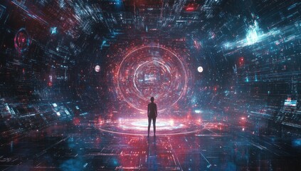 A solitary figure stands in a futuristic, digital space filled with glowing, holographic displays and swirling patterns, contemplating an enigmatic portal.