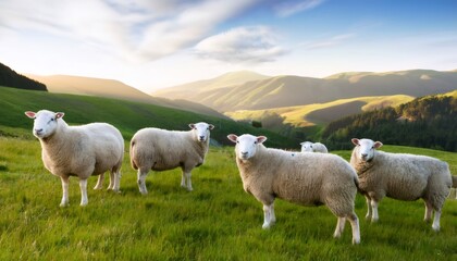 Fototapeta premium Wooly sheep grazing peacefully on verdant alpine meadow with mountain peaks rising behind