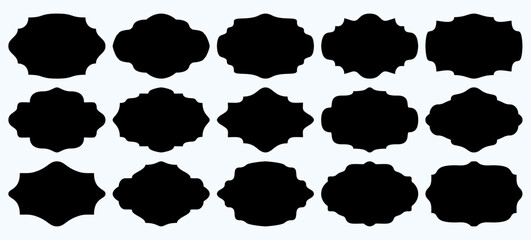 Set of black vector labels with decorative shapes on a light background. Collection of blank frames for logos, tags, or badges. Versatile vector design elements for branding, packaging, and decoration