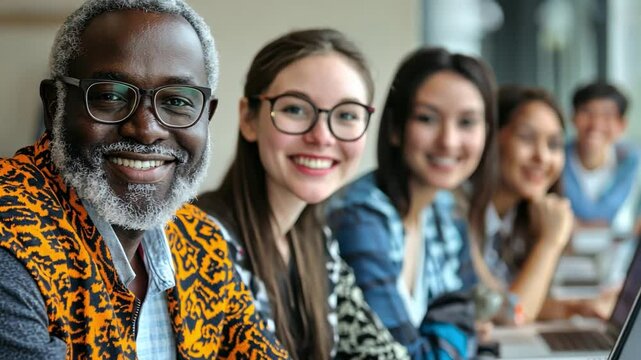 Shared Smiles: A diverse group of individuals, lit by the warmth of mutual respect and purpose, share infectious smiles.