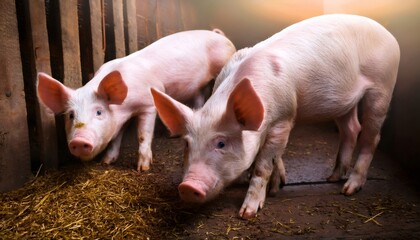 Two piglets eating hay in a pigsty at sunset