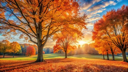 Fototapeta premium Golden Autumn Sunlight Illuminates a Serene Landscape of Vibrant Fall Foliage and Rolling Green Hills