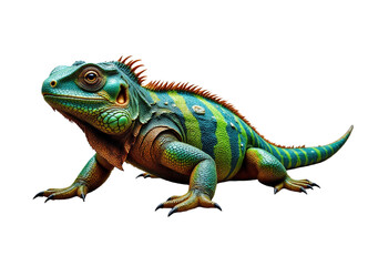 Fototapeta premium Striped Green and Blue Iguana on White with Transparent Background