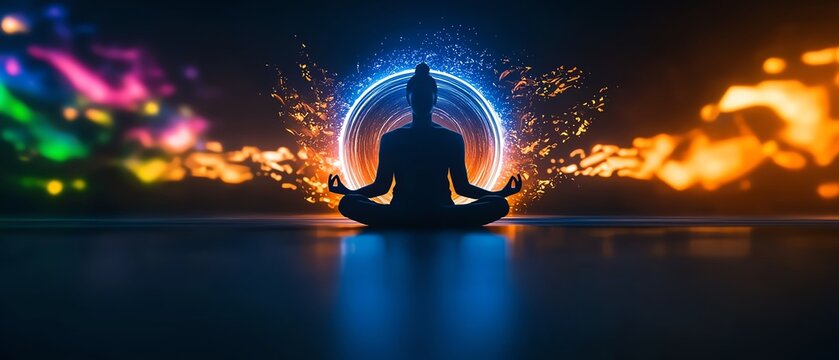 A serene figure meditating in a colorful, abstract background promoting mindfulness and inner peace.