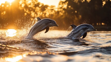 Obraz premium Breathtaking moment of dolphins playing and leaping above shimmering water at sunset in a tranquil natural setting